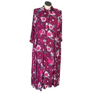 Woman Within Shirt Dress Women 16W Purple Floral Button Down Long Sleeve Maxi